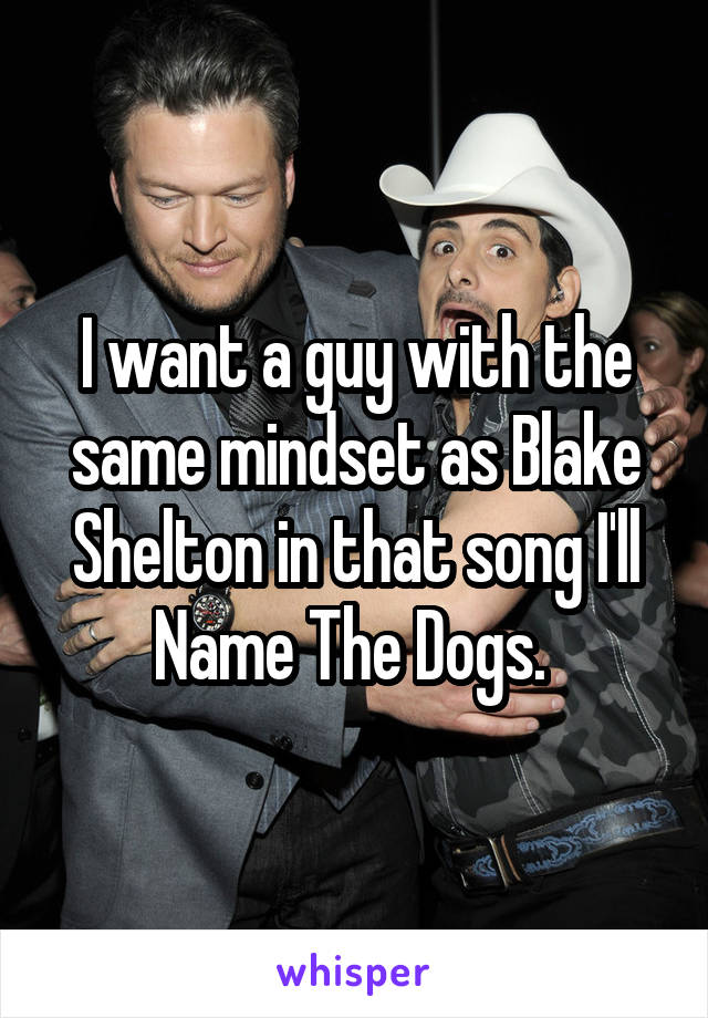 I want a guy with the same mindset as Blake Shelton in that song I'll Name The Dogs. 