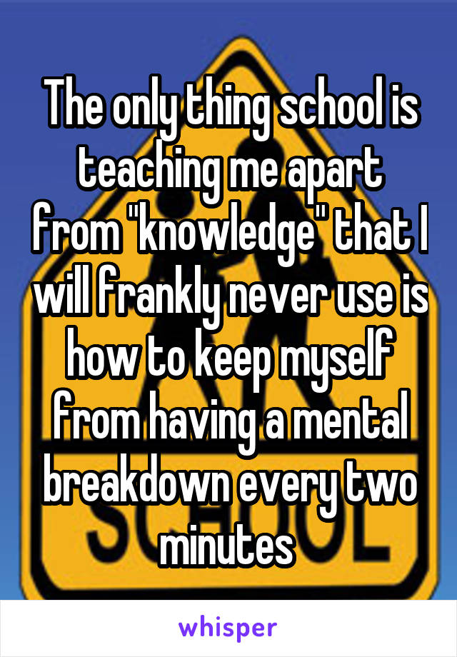 The only thing school is teaching me apart from "knowledge" that I will frankly never use is how to keep myself from having a mental breakdown every two minutes 