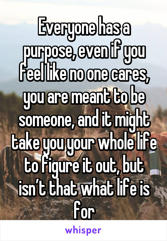 Everyone has a purpose, even if you feel like no one cares, you are meant to be someone, and it might take you your whole life to figure it out, but isn’t that what life is for