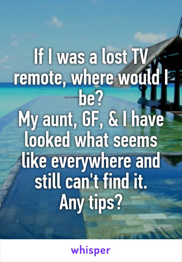 If I was a lost TV remote, where would I be?
My aunt, GF, & I have looked what seems like everywhere and still can't find it.
Any tips?