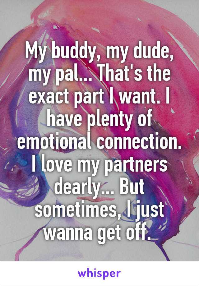 My buddy, my dude, my pal... That's the exact part I want. I have plenty of emotional connection. I love my partners dearly... But sometimes, I just wanna get off. 