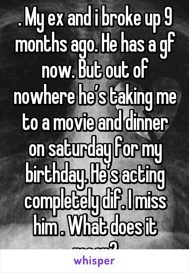 . My ex and i broke up 9 months ago. He has a gf now. But out of nowhere he’s taking me to a movie and dinner on saturday for my birthday. He’s acting completely dif. I miss him . What does it mean?