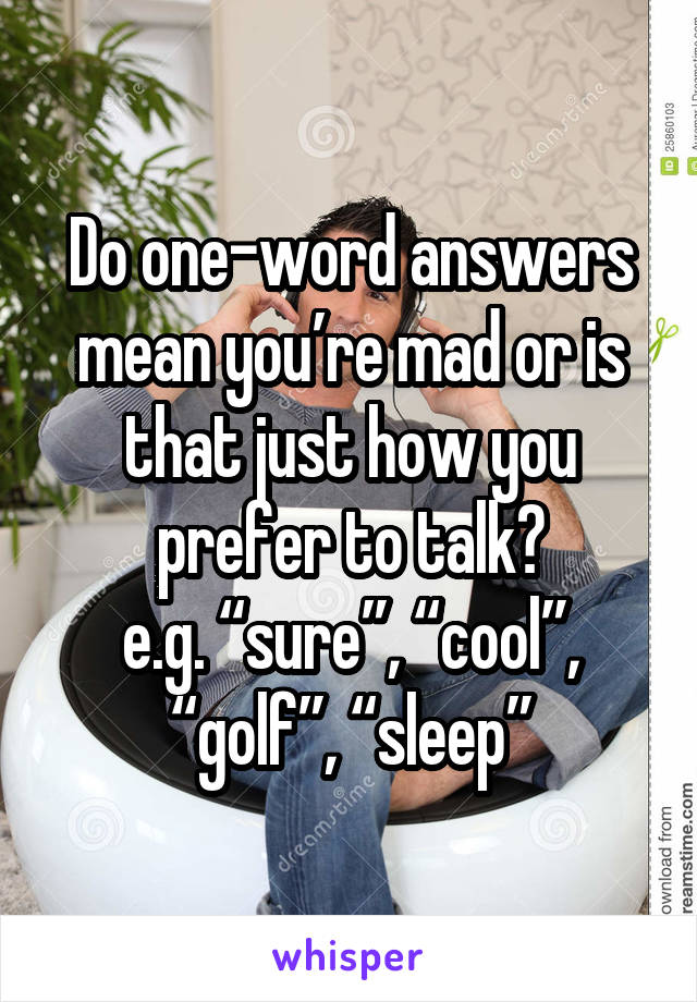 Do one-word answers mean you’re mad or is that just how you prefer to talk?
e.g. “sure”, “cool”, “golf”, “sleep”