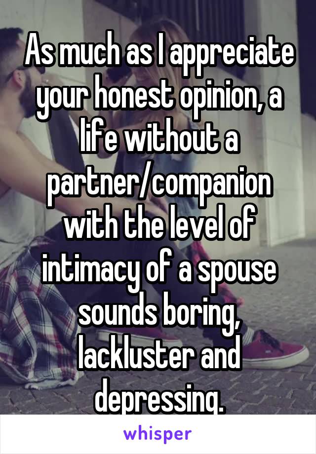 As much as I appreciate your honest opinion, a life without a partner/companion with the level of intimacy of a spouse sounds boring, lackluster and depressing.
