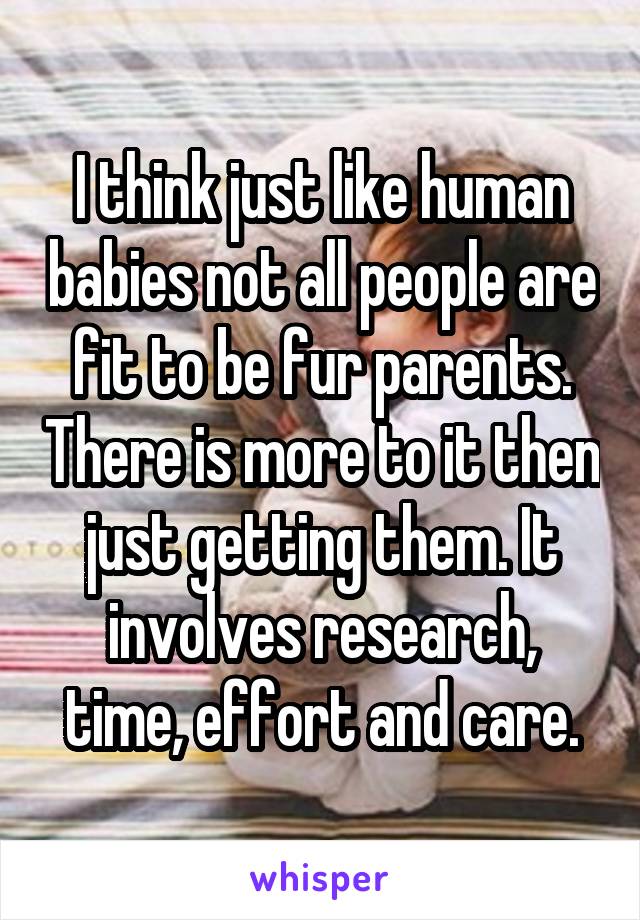 I think just like human babies not all people are fit to be fur parents. There is more to it then just getting them. It involves research, time, effort and care.