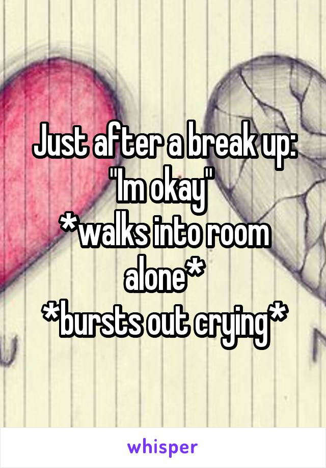 Just after a break up:
"Im okay" 
*walks into room alone*
*bursts out crying*