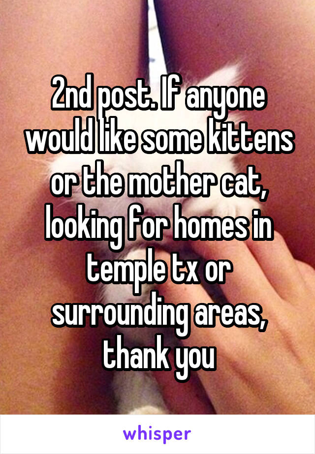 2nd post. If anyone would like some kittens or the mother cat, looking for homes in temple tx or surrounding areas, thank you