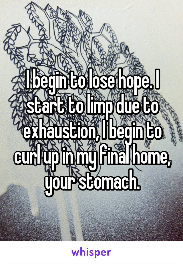 I begin to lose hope. I start to limp due to exhaustion, I begin to curl up in my final home, your stomach.