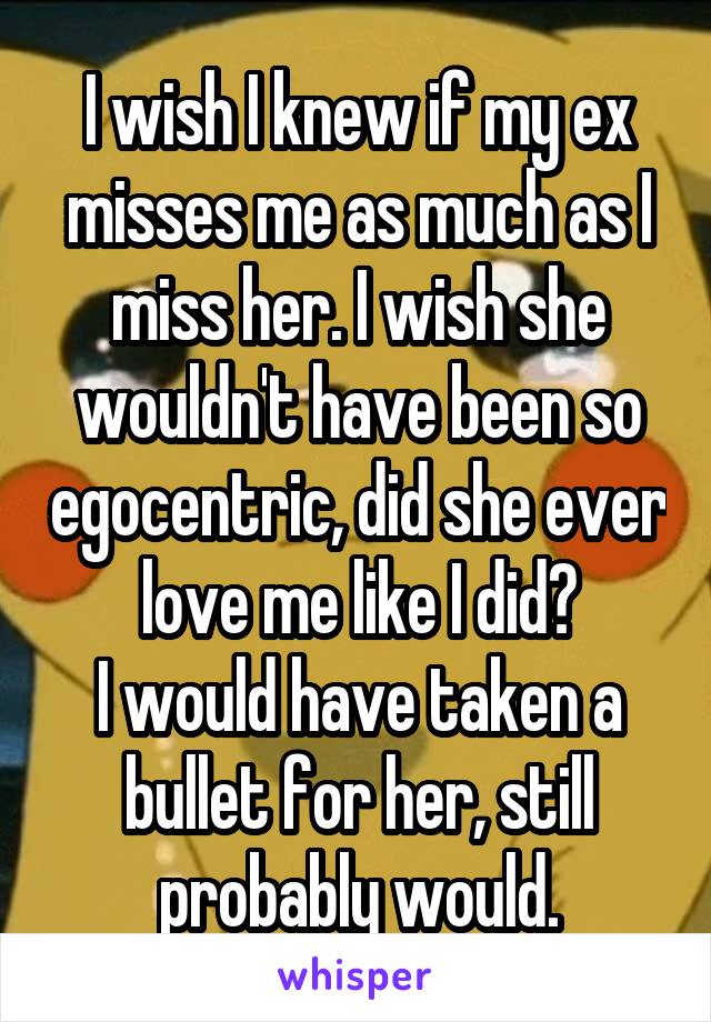 I wish I knew if my ex misses me as much as I miss her. I wish she wouldn't have been so egocentric, did she ever love me like I did?
I would have taken a bullet for her, still probably would.