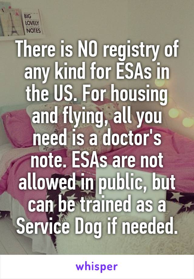 There is NO registry of any kind for ESAs in the US. For housing and flying, all you need is a doctor's note. ESAs are not allowed in public, but can be trained as a Service Dog if needed.