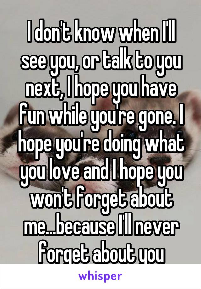 I don't know when I'll see you, or talk to you next, I hope you have fun while you're gone. I hope you're doing what you love and I hope you won't forget about me...because I'll never forget about you