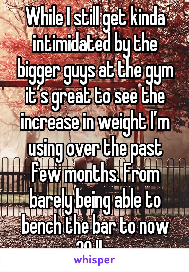 While I still get kinda intimidated by the bigger guys at the gym it’s great to see the increase in weight I’m using over the past few months. From barely being able to bench the bar to now 20 lbs