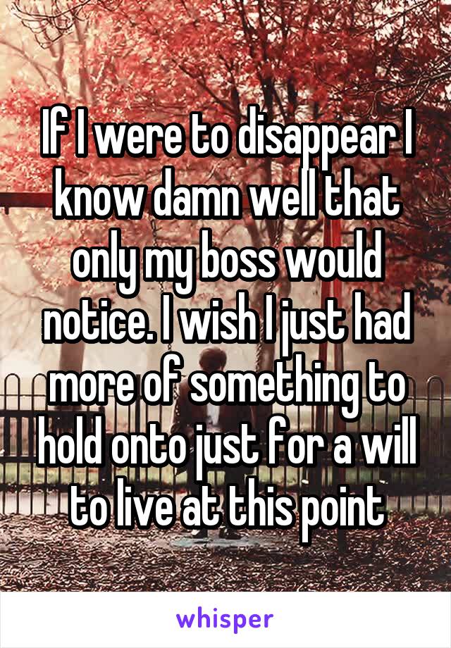 If I were to disappear I know damn well that only my boss would notice. I wish I just had more of something to hold onto just for a will to live at this point