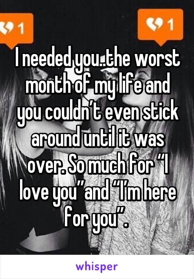 I needed you..the worst month of my life and you couldn’t even stick around until it was over. So much for “I love you”and “I’m here for you”. 