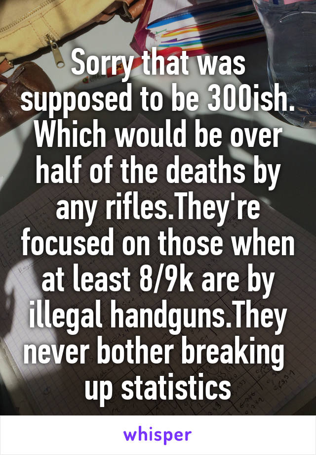 Sorry that was supposed to be 300ish. Which would be over half of the deaths by any rifles.They're focused on those when at least 8/9k are by illegal handguns.They never bother breaking  up statistics