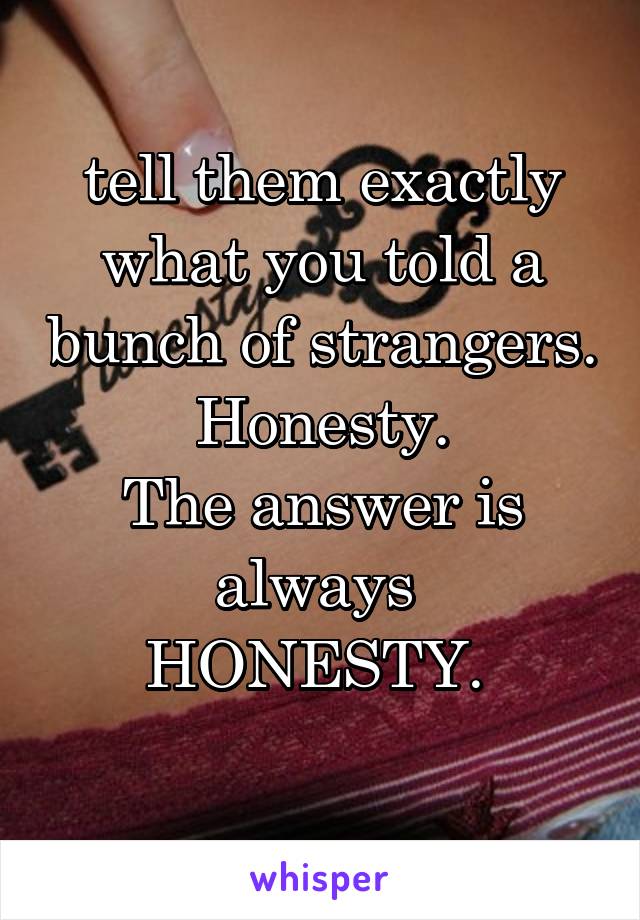 tell them exactly what you told a bunch of strangers.
 Honesty. 
The answer is always 
HONESTY. 
