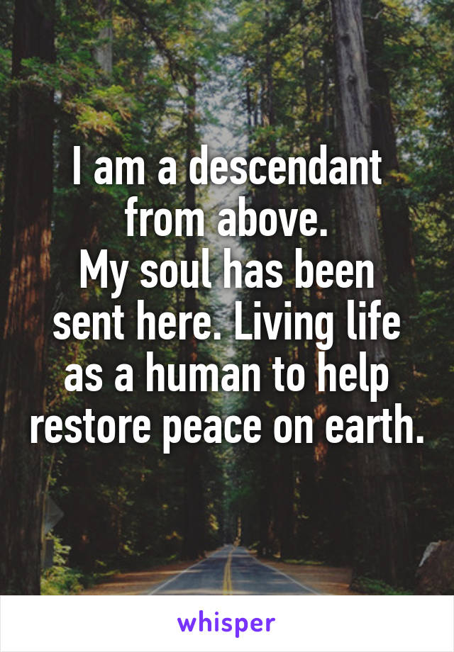 I am a descendant from above.
My soul has been sent here. Living life as a human to help restore peace on earth. 