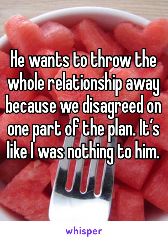 He wants to throw the whole relationship away because we disagreed on one part of the plan. It’s like I was nothing to him. 