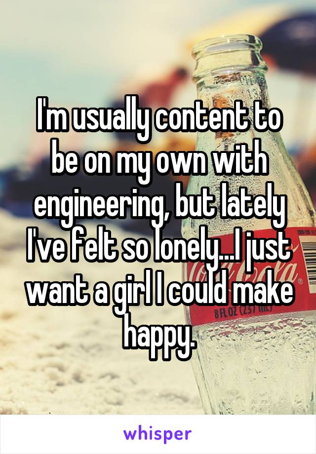 I'm usually content to be on my own with engineering, but lately I've felt so lonely...I just want a girl I could make happy.