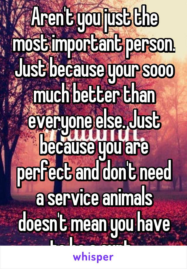 Aren't you just the most important person. Just because your sooo much better than everyone else. Just because you are perfect and don't need a service animals doesn't mean you have to be a cunt. 