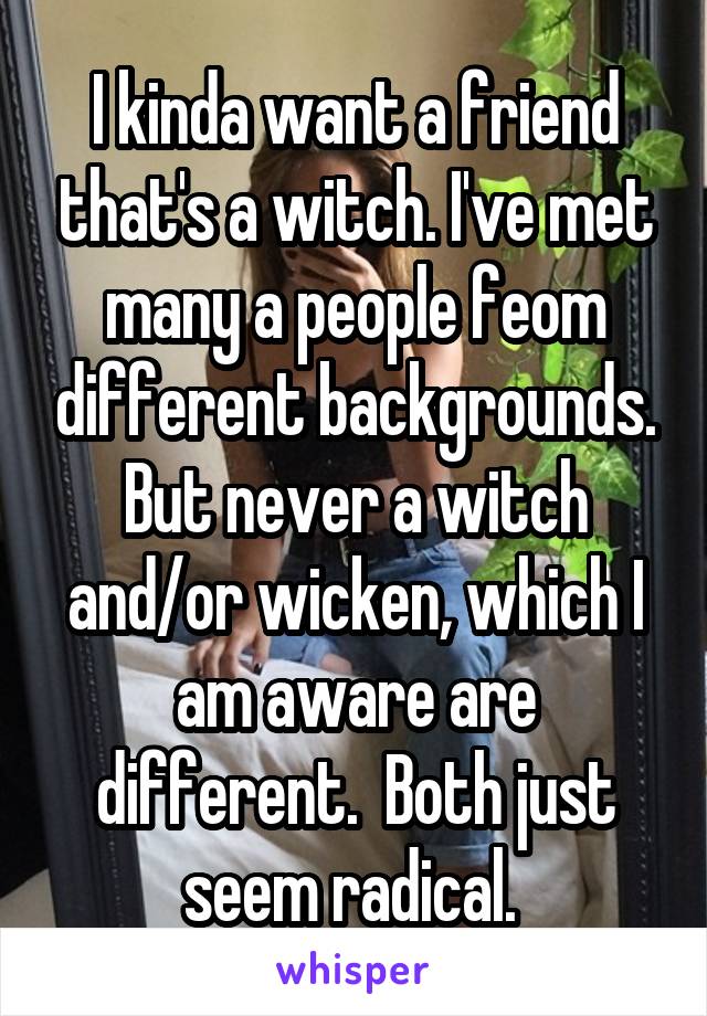 I kinda want a friend that's a witch. I've met many a people feom different backgrounds. But never a witch and/or wicken, which I am aware are different.  Both just seem radical. 