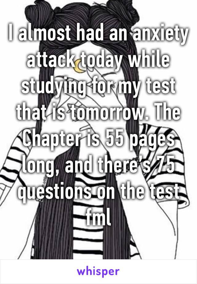 I almost had an anxiety attack today while studying for my test that is tomorrow. The Chapter is 55 pages long, and there’s 75 questions on the test fml