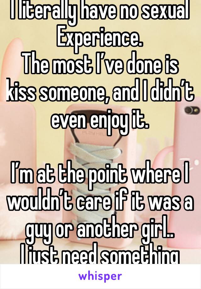 I literally have no sexual
Experience. 
The most I’ve done is kiss someone, and I didn’t even enjoy it.

I’m at the point where I wouldn’t care if it was a guy or another girl..
I just need something 