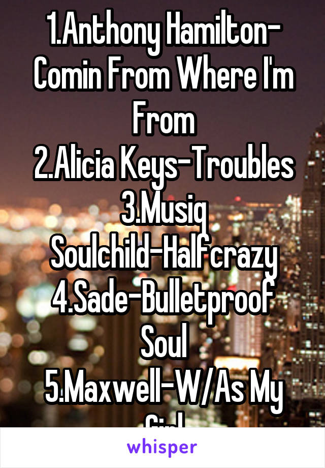 1.Anthony Hamilton- Comin From Where I'm From
2.Alicia Keys-Troubles 3.Musiq Soulchild-Halfcrazy
4.Sade-Bulletproof Soul
5.Maxwell-W/As My Girl