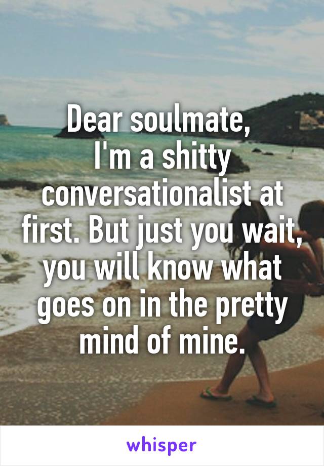 Dear soulmate, 
I'm a shitty conversationalist at first. But just you wait, you will know what goes on in the pretty mind of mine.