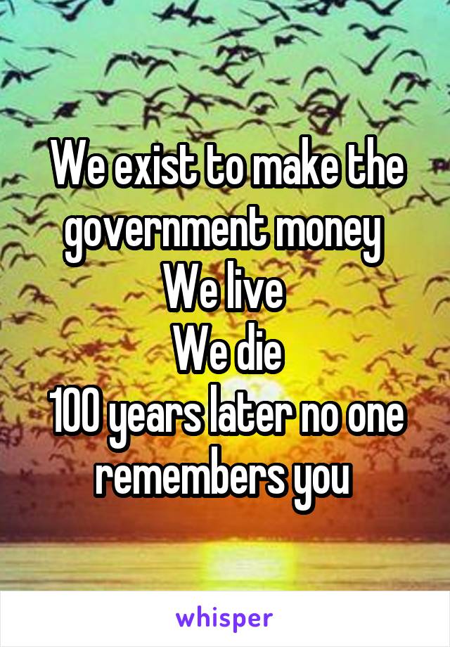 We exist to make the government money 
We live 
We die
100 years later no one remembers you 