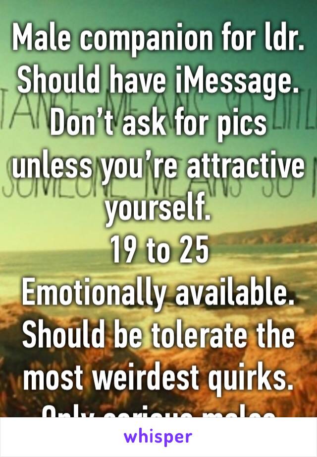 Male companion for ldr.
Should have iMessage.
Don’t ask for pics unless you’re attractive yourself.
19 to 25 
Emotionally available. 
Should be tolerate the most weirdest quirks. 
Only serious males 