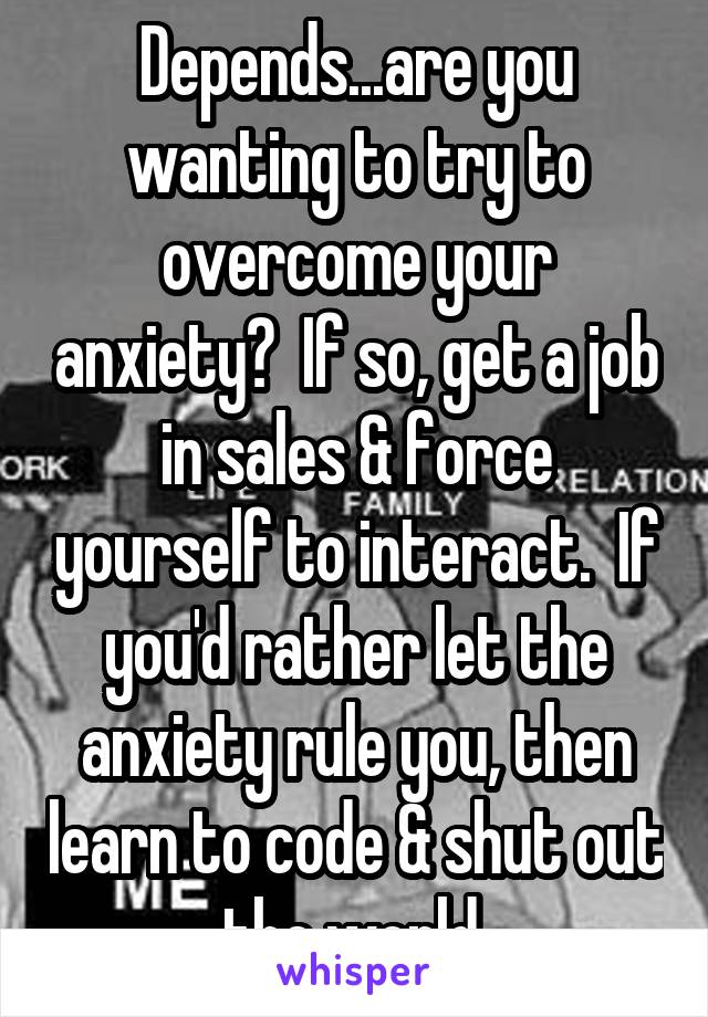 Depends...are you wanting to try to overcome your anxiety?  If so, get a job in sales & force yourself to interact.  If you'd rather let the anxiety rule you, then learn to code & shut out the world.