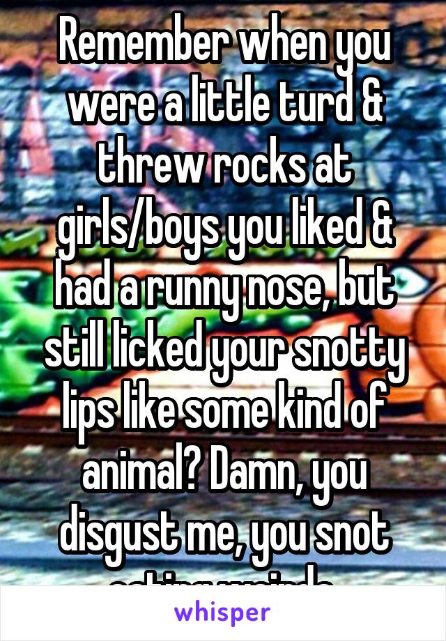 Remember when you were a little turd & threw rocks at girls/boys you liked & had a runny nose, but still licked your snotty lips like some kind of animal? Damn, you disgust me, you snot eating weirdo.