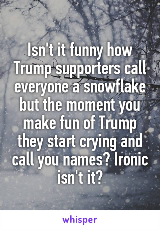 Isn't it funny how Trump supporters call everyone a snowflake but the moment you make fun of Trump they start crying and call you names? Ironic isn't it?