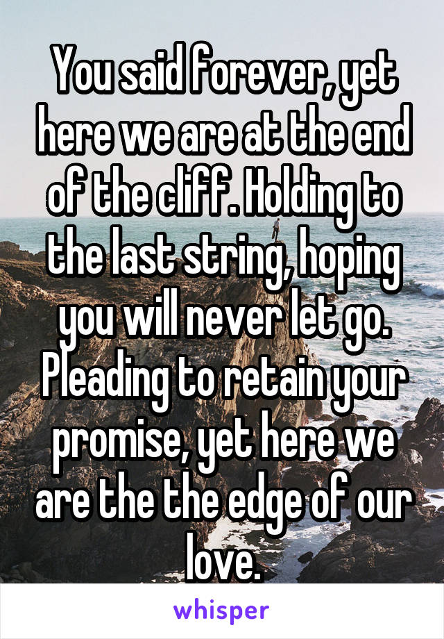 You said forever, yet here we are at the end of the cliff. Holding to the last string, hoping you will never let go. Pleading to retain your promise, yet here we are the the edge of our love.