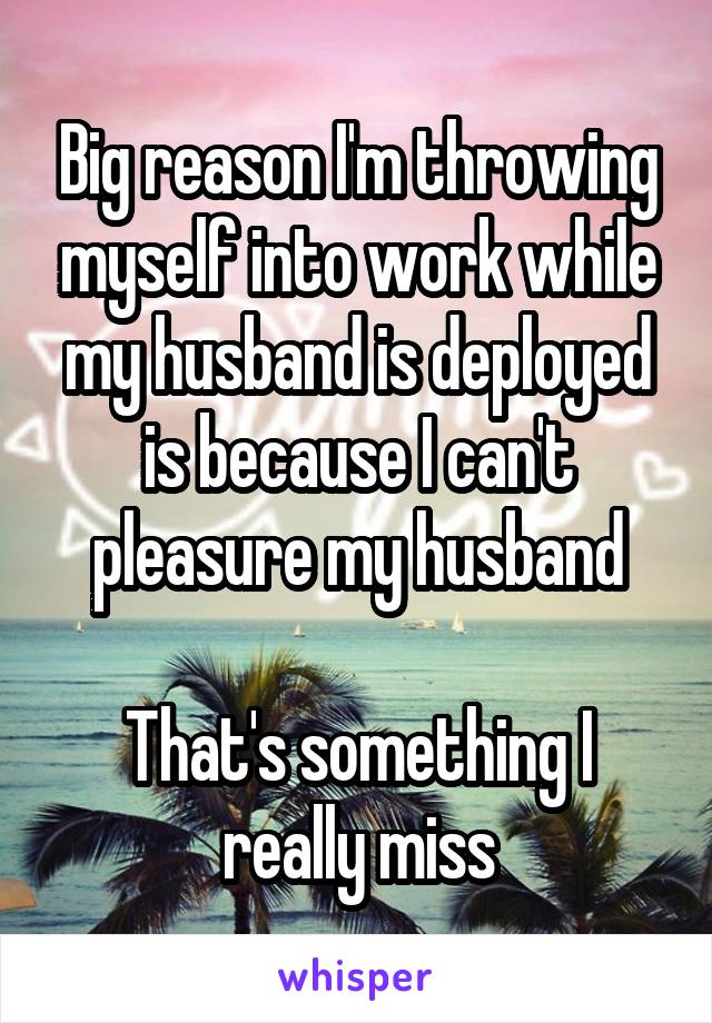 Big reason I'm throwing myself into work while my husband is deployed is because I can't pleasure my husband

That's something I really miss