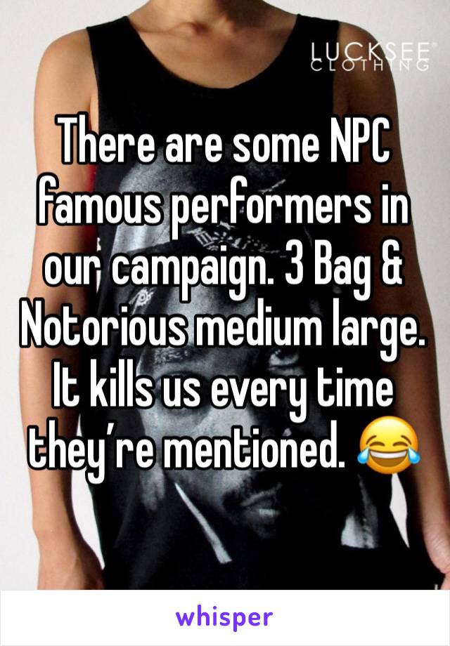 There are some NPC famous performers in our campaign. 3 Bag & Notorious medium large. It kills us every time they’re mentioned. 😂