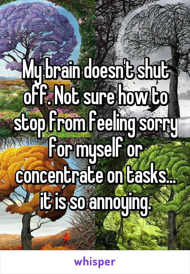 My brain doesn't shut off. Not sure how to stop from feeling sorry for myself or concentrate on tasks... it is so annoying.