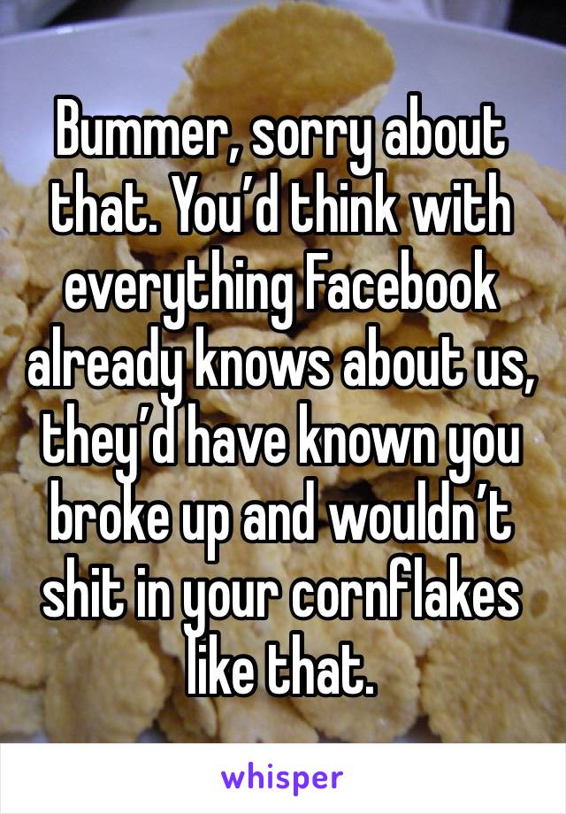 Bummer, sorry about that. You’d think with everything Facebook already knows about us, they’d have known you broke up and wouldn’t shit in your cornflakes like that.