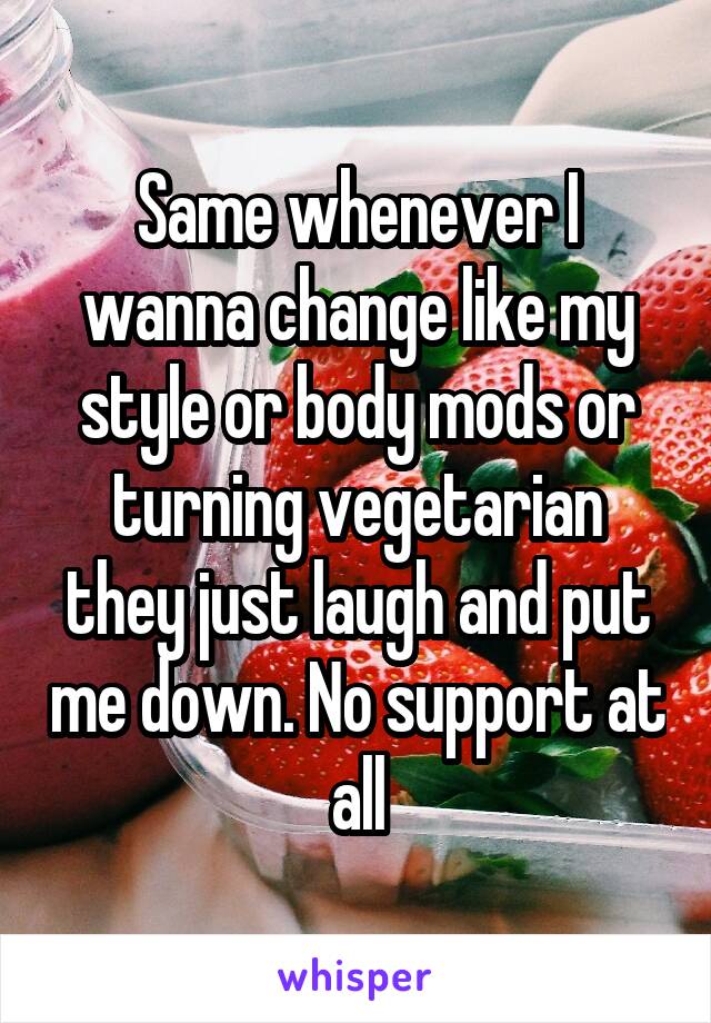 Same whenever I wanna change like my style or body mods or turning vegetarian they just laugh and put me down. No support at all