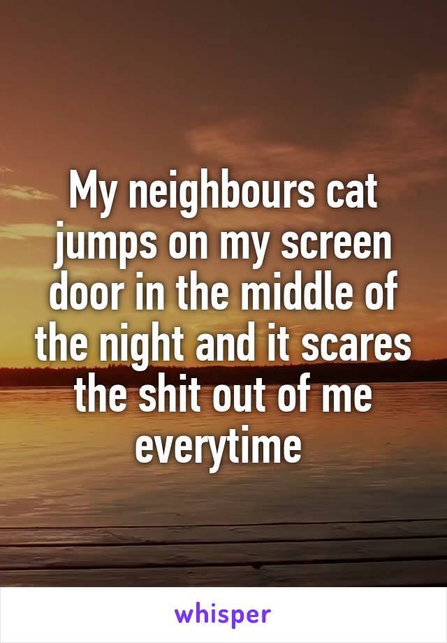 My neighbours cat jumps on my screen door in the middle of the night and it scares the shit out of me everytime 