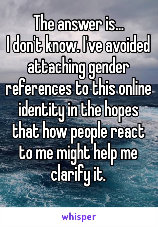 The answer is…
I don't know. I've avoided attaching gender references to this online identity in the hopes that how people react to me might help me clarify it. 