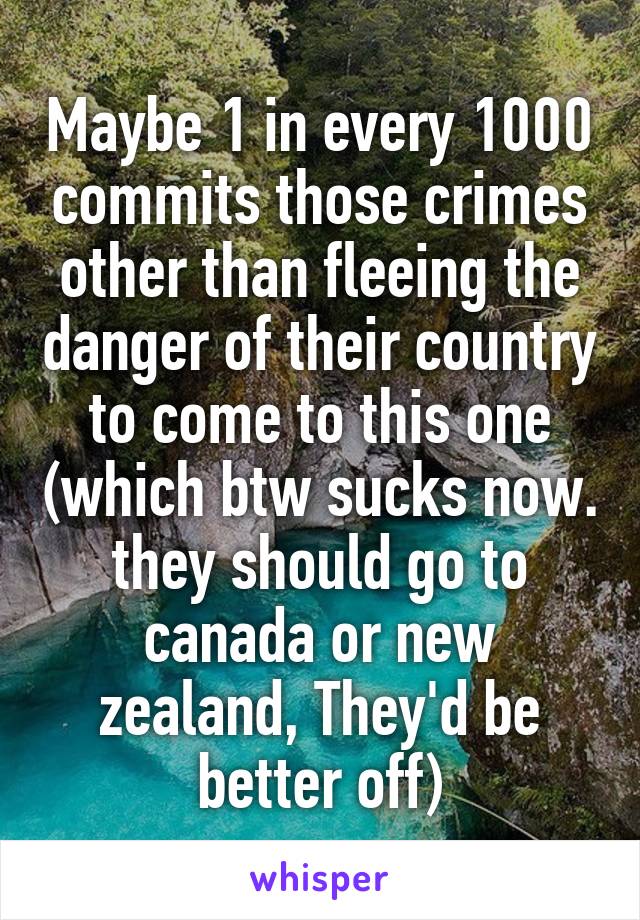 Maybe 1 in every 1000 commits those crimes other than fleeing the danger of their country to come to this one (which btw sucks now. they should go to canada or new zealand, They'd be better off)