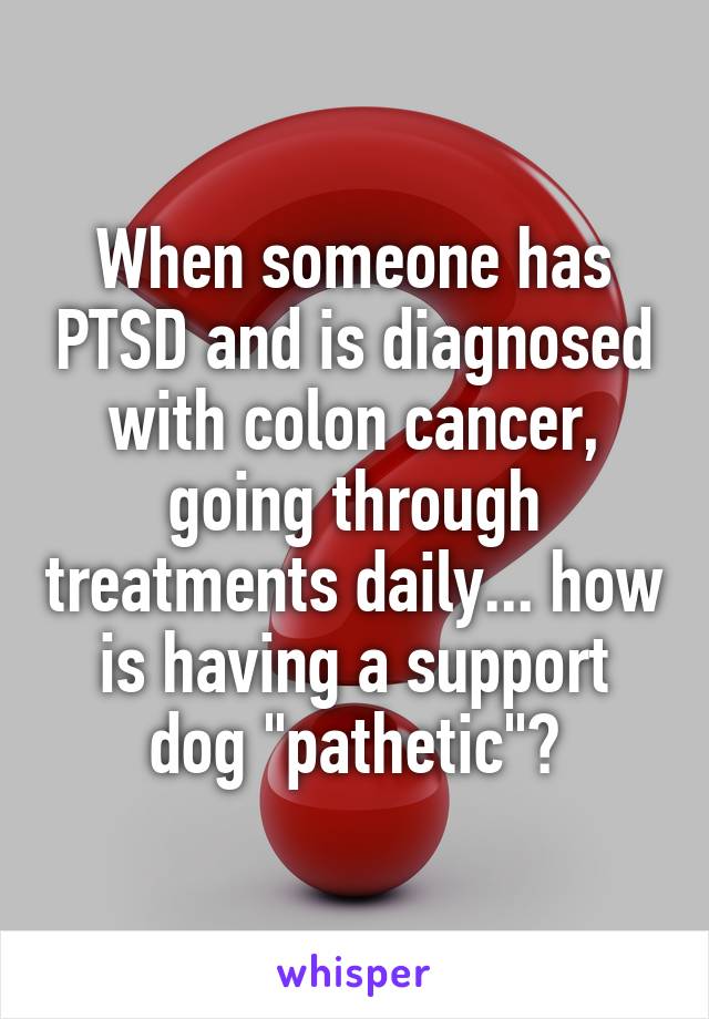 When someone has PTSD and is diagnosed with colon cancer, going through treatments daily... how is having a support dog "pathetic"?