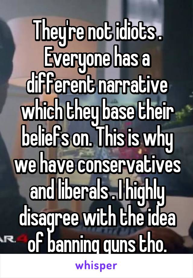 They're not idiots . Everyone has a different narrative which they base their beliefs on. This is why we have conservatives and liberals . I highly disagree with the idea of banning guns tho.