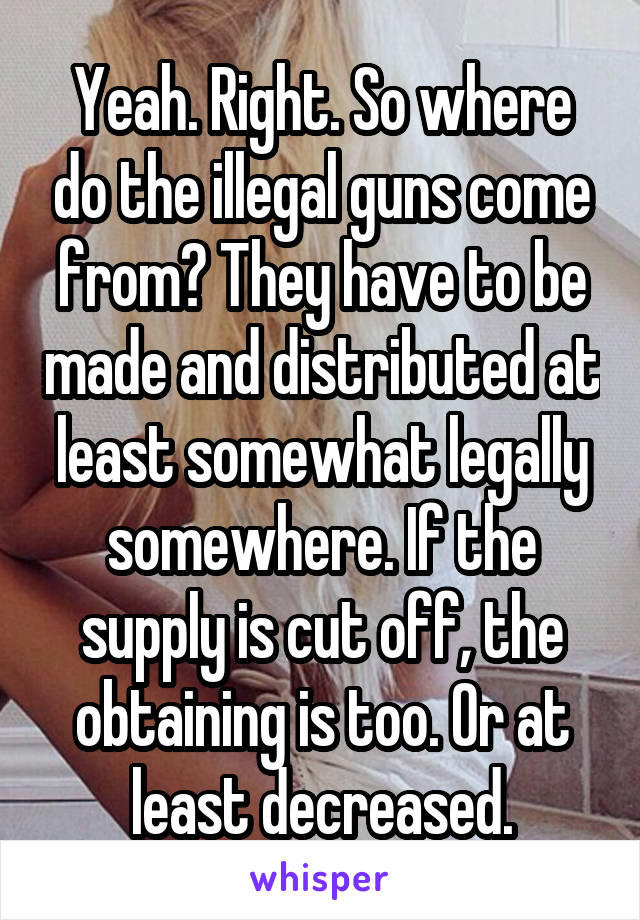 Yeah. Right. So where do the illegal guns come from? They have to be made and distributed at least somewhat legally somewhere. If the supply is cut off, the obtaining is too. Or at least decreased.