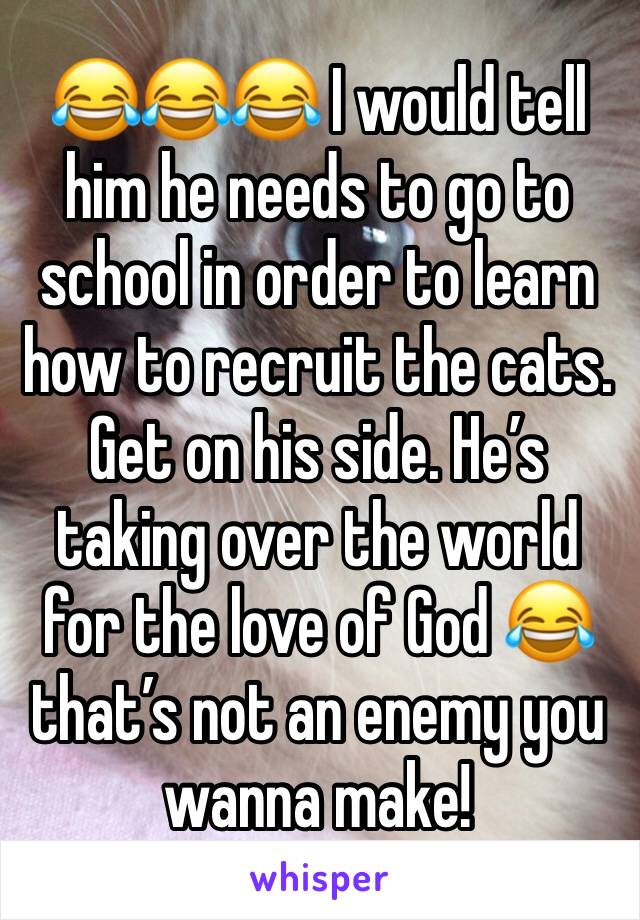 😂😂😂 I would tell him he needs to go to school in order to learn how to recruit the cats. Get on his side. He’s taking over the world for the love of God 😂 that’s not an enemy you wanna make!