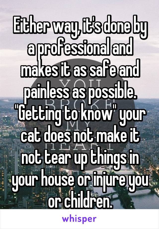 Either way, it's done by a professional and makes it as safe and painless as possible. "Getting to know" your cat does not make it not tear up things in your house or injure you or children.