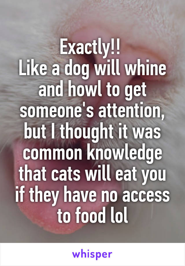 Exactly!! 
Like a dog will whine and howl to get someone's attention, but I thought it was common knowledge that cats will eat you if they have no access to food lol