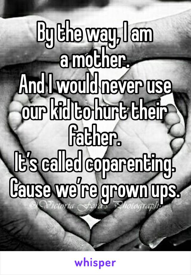 By the way, I am a mother. 
And I would never use our kid to hurt their father. 
It’s called coparenting.
Cause we’re grown ups.
